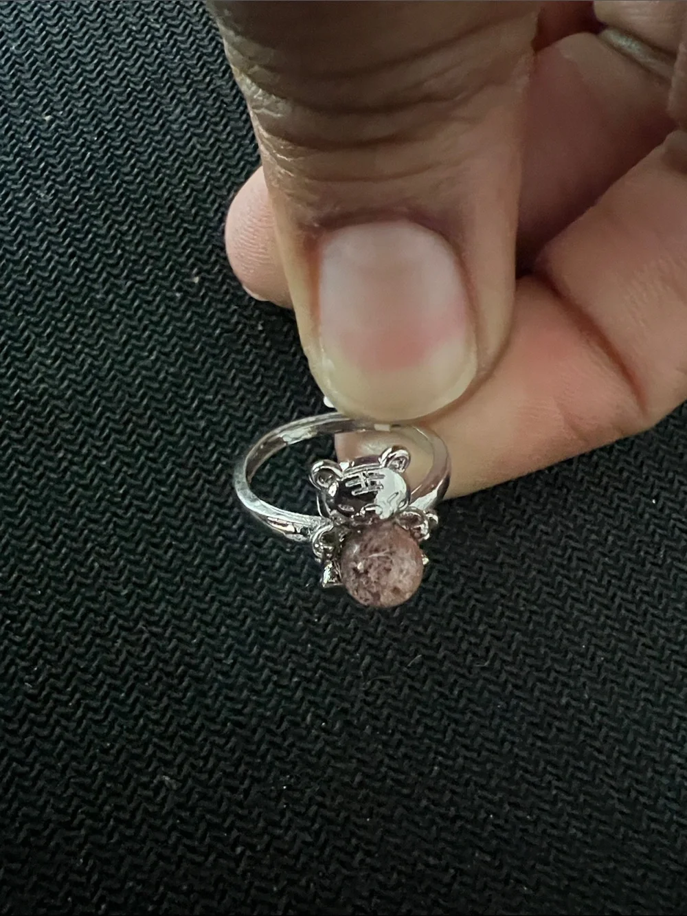 Adjustable Silver Teddy Bear Ring with Pink Stone